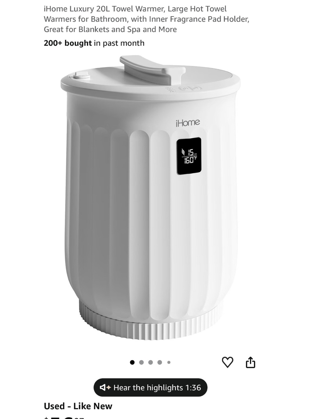 iHome White Luxury 20L Towel Warmer with Digital Display